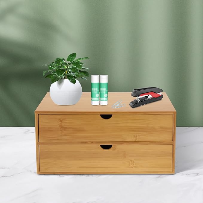 Desktop Organizer, 12.99*7.48*6.3in Bamboo Desk Organizer 2 Drawers Tabletop Storage Organization Box Wooden Countertop Drawers Organizers with 2 Drawers for Cosmetics Collections Toiletries Jewelry