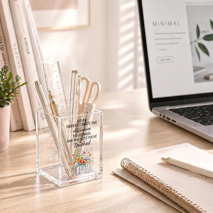 Never Underestimate The Difference Made Acrylic Pencil Holder Cup | You’ve Made, Social Worker Appreciation Gifts for Desk Organizer, Floral Book Mark Holder Gifts for Teacher MSW, Grad Present