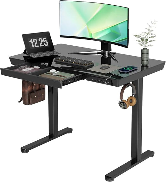 Claiks Glass Standing Desk with Drawers & USB Ports 40x24 Inch, Black | 3 Steps Quick Install, 2 Zones Drawer, USB Ports, Ultra White One-Piece Glass Top, Writable Top