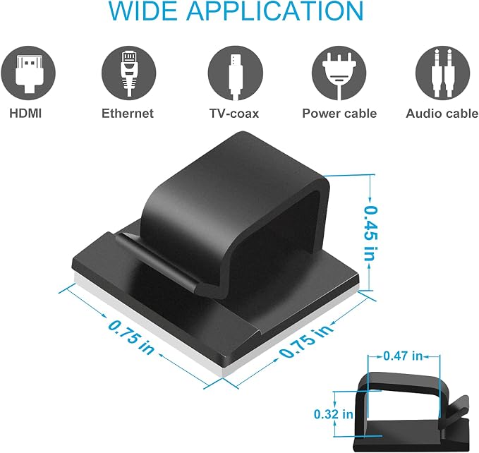 Large Adhesive Cable Clips (45 PCS, Black), Upgraded Wire Clips For Electric Wires, Cord Clips Adhesive Wire Holders For Cable Management Under Desk, Car, Wall, Extension Cord, Ethernet Cable, TV-Coax