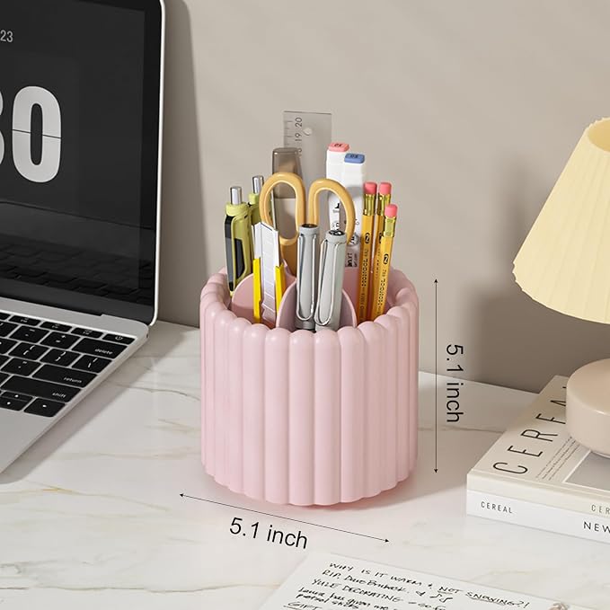 Anyoifax 360° Rotating Pen Holder for Desk Removable Pencil Organizer, Pink | 7 Slots Pen Cup Cute Office Supplies and Accessories Plastic Desktop Storage Box Art Caddy for School, Work, Home