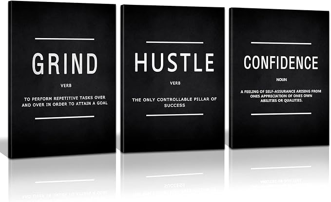 KAWAHONE Motivational Success Canvas Wall Art, Grind Hustle Confidence Wall Decor Framed Inspirational Entrepreneurs Painting Prints Quotes Poster for Office Workplace Ready to Hang