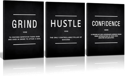 KAWAHONE Motivational Success Canvas Wall Art, Grind Hustle Confidence Wall Decor Framed Inspirational Entrepreneurs Painting Prints Quotes Poster for Office Workplace Ready to Hang