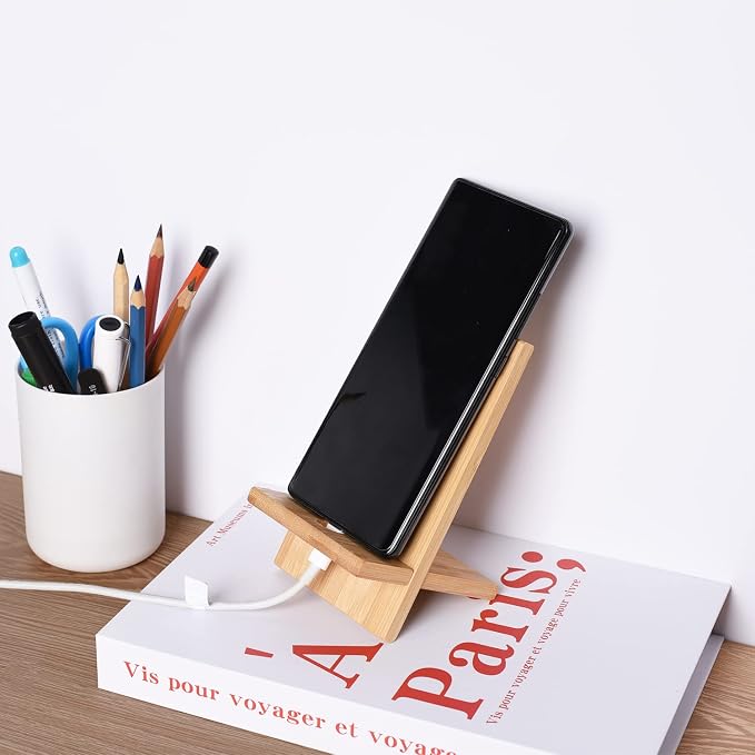 Mobile Stand Japanese Style Cellphone Holder Desktop Organizer Charging Station Compatible with All Smartphones Tablets Natural Bamboo Wood Portable Adjustable Angle (Pattern-Hole)