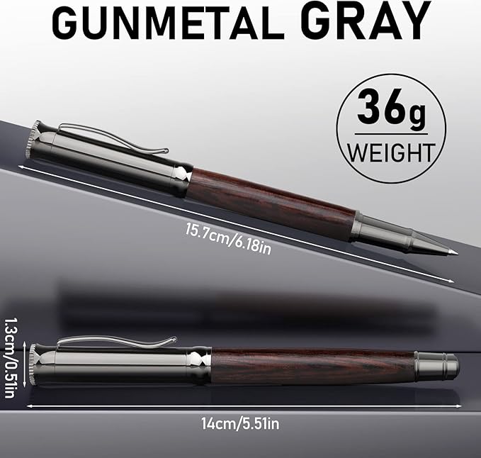 WEMATE Wood Rollerball Pen Set, Extra 2 Ink Refills(1 Black & 1 Blue), Fancy Writing Pen Nice Luxury Office Gift for Men, Professional, Executive, Cool Wooden Pen for Journaling - Black Oak