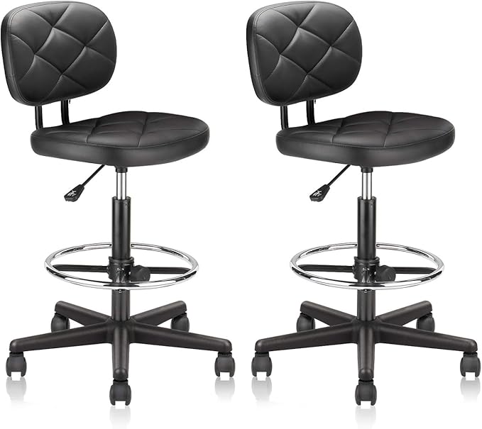 KLASIKA Tall Drafting Rolling Stool Chair with Low Back Support and Adjustable Foot Rest Ring Set of 2 PU Leather Vinly Wide Seat Swivel Standing Desk Chair for Office Home 2 Pack