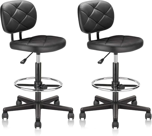 KLASIKA Tall Drafting Rolling Stool Chair with Low Back Support and Adjustable Foot Rest Ring Set of 2 PU Leather Vinly Wide Seat Swivel Standing Desk Chair for Office Home 2 Pack