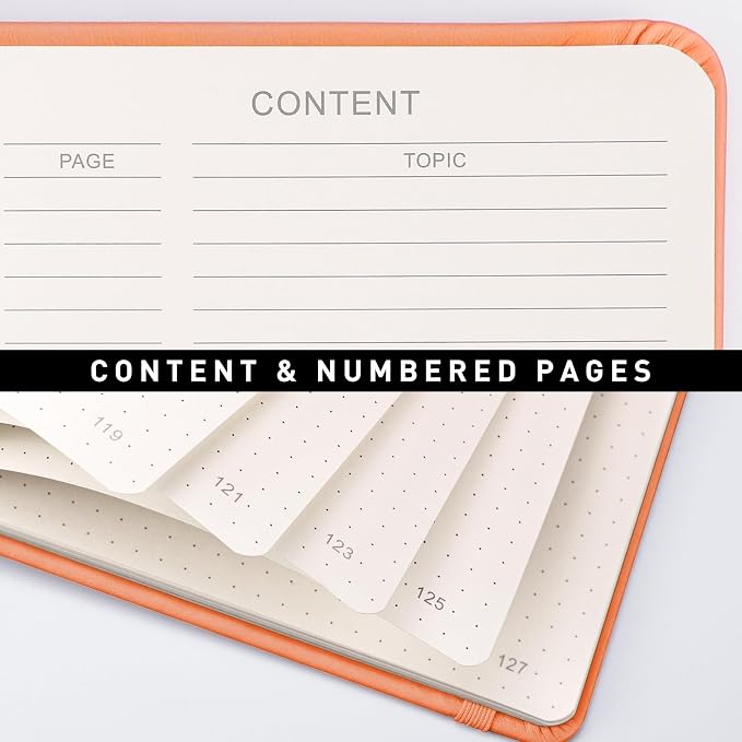 AHGXG Dotted Journal Notebook, 160 Numbered Pages, A5 Medium Size (5.7'' x 8.3''), 120 GSM Thick Paper, Leather Hardcover, for Journaling, Planning, Tracking (Orange)