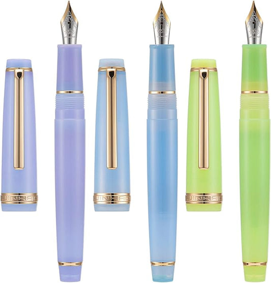 3 Jinhao 82 Fountain Pen Transparent Purple, Blue and Green Acrylic, Medium Point Gold Trim with Converter Set