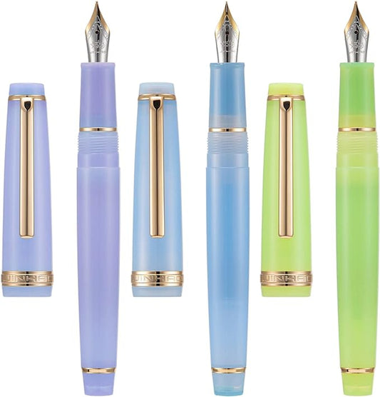 3 Jinhao 82 Fountain Pen Transparent Purple, Blue and Green Acrylic, Extra Fine Point Gold Trim with Converter Set