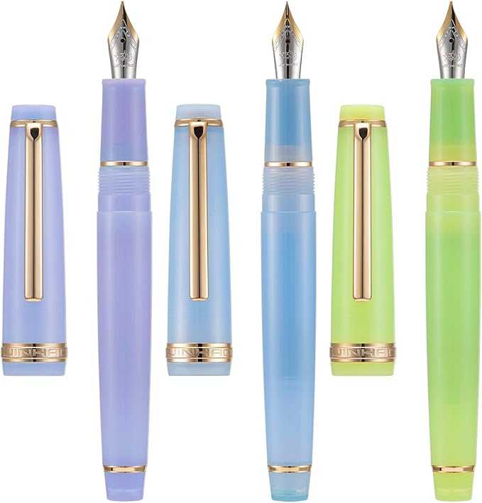 3 Jinhao 82 Fountain Pen Transparent Purple, Blue and Green Acrylic, Extra Fine Point Gold Trim with Converter Set