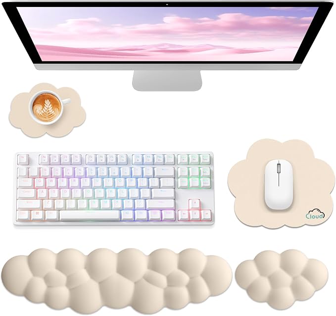 Sushret Cloud Wrist Rest for Computer Keyboard, 4-in-1 Memory Foam Leather Cloud Keyboard Wrist Rest and Mouse Pad Set with Ergonomic Support for Arm and Palm Cushion, Gaming/Work Setup, Beige