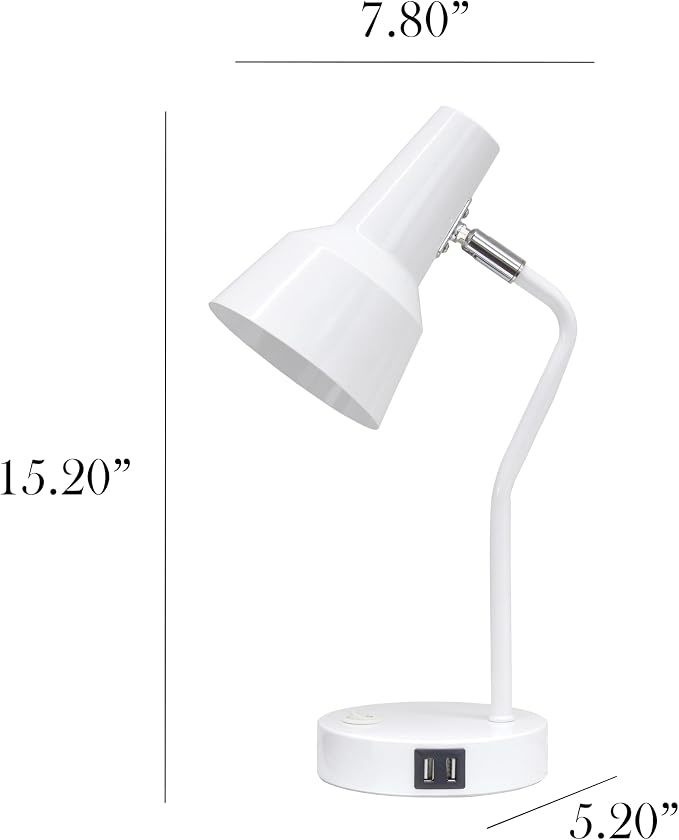 Simple Designs LD1072-WHT 15.2" Sleek Essentials Metal Cone Shade Desk Lamp with Adjustable Shade and Dual USB Ports, for Office, Desk, Nightstand, Dorm, White