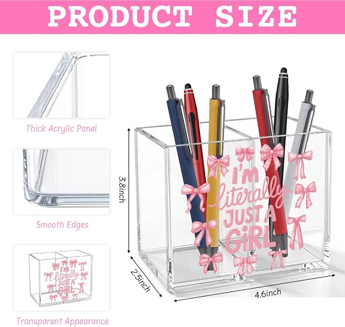 Pink Bow Girly Acrylic Cosmetic Pencil Pen Holder Cup Cute Gifts for Girl I'm Literally Just a Girl Preppy Decor for Home Office Desk Vanity Organizers and Accessories