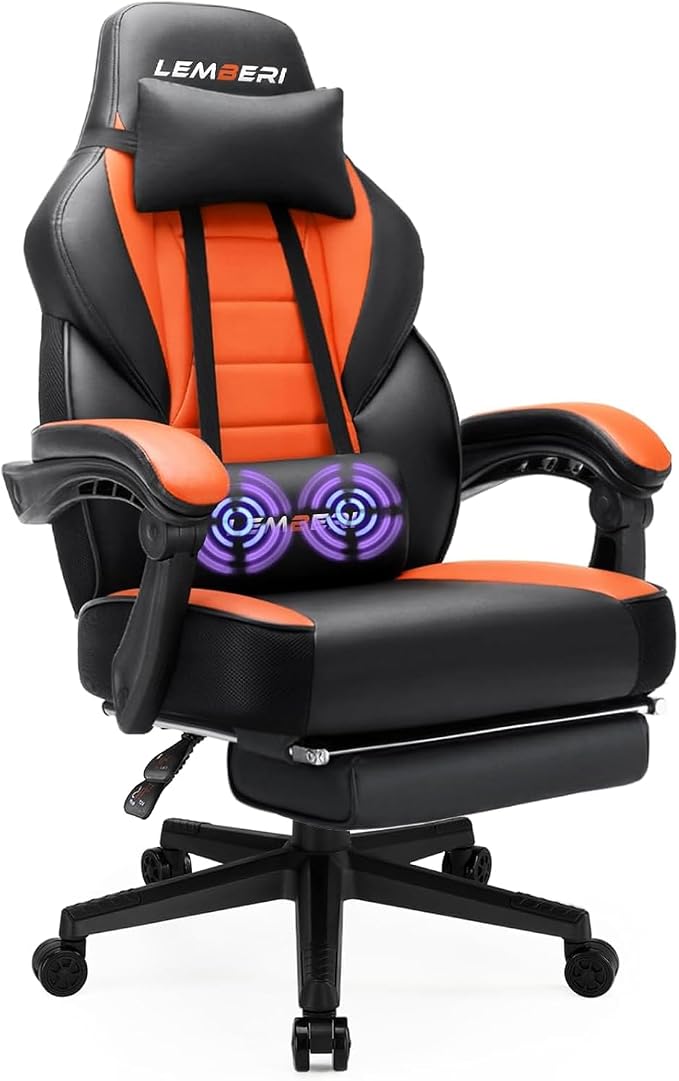LEMBERI Big and Tall Gaming Chair 400lb Capacity, Heavy-Duty Office Chair with Reinforced Footrest, Wide Seat High Back PC Desk Chair with Linkage Armrests, Thickened Steel Frame, PU Leather, Orange