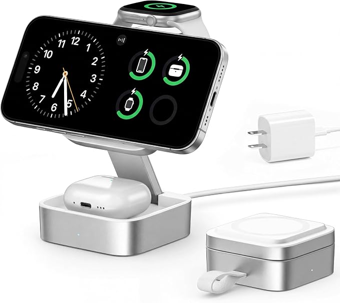 3 in 1 Wireless Charging Station for Apple Devices, Magnetic Foldable Travel Fast Charger Stand Compatible with MagSafe for iPhone Air/17/16/15/14/13/12 Series, Apple Watch & AirPods Pro/4/3/2-White