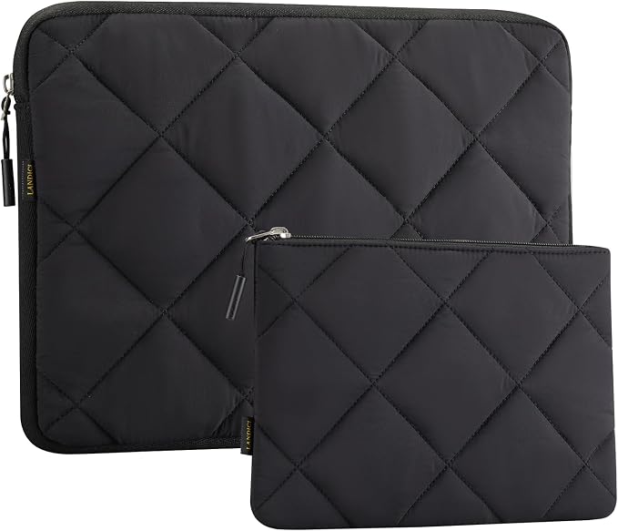 LANDICI Puffy Laptop Sleeve Carrying Case 14 15 Inch Compatible with MacBook Pro 14/15, MacBook Air M2 15, Surface Laptop 4/5, Chromebook 14, Cute Computer Cover Bag with Accessories Pouch, Black