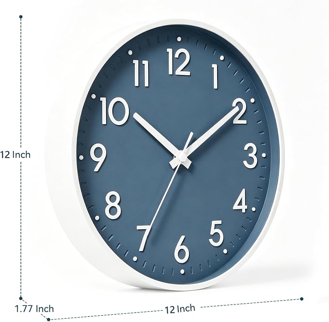 Mosewa 12 Inch Wall Clock Battery Operated Silent Non Ticking Analog | Azure Blue modern clock; oversized 3D easy-read dial for kitchen, bedroom & office; 1 AA battery (not included)