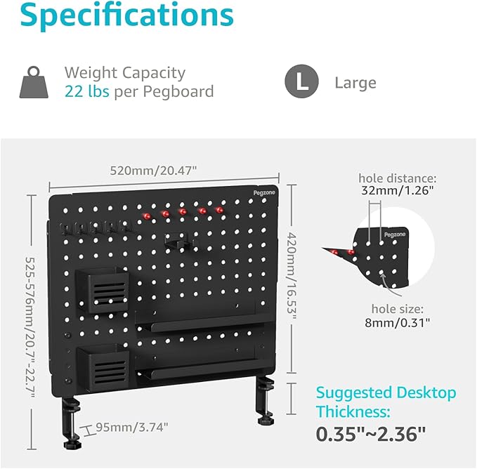 PEGZONE Clamp-on Desk Pegboard, Desk Organizer for Office Gaming Home, Magnetic Metal Peg Board with 15 Accessories, Privacy Panel, 20.4" x 16.5", Large, Black
