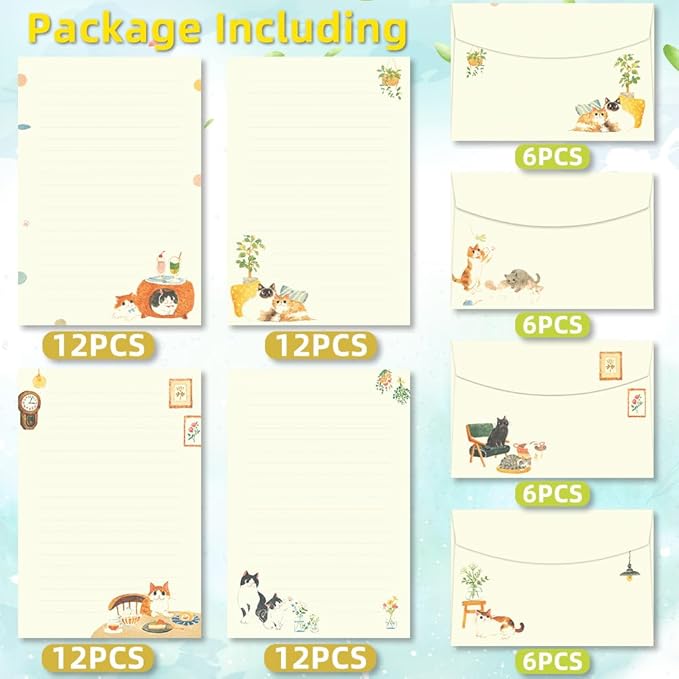 72 Pieces Cute Cat Writing Paper and Envelopes, 8.3x5.6 Inch Stationery Set, 48 Lined Sheets & 24 Envelopes, Kitty Design for Letters, Invitations, Gifts, Holidays, Party Notes