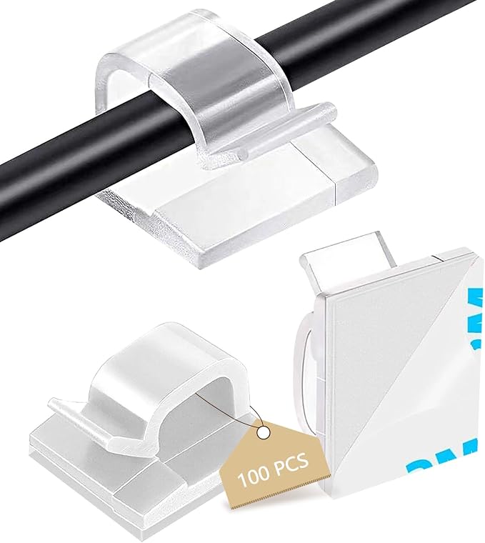 100PCS Cable Clips, Abnii Adhesive Wire Clips Cord Organizer, Clear Large | Strong for Christmas Lights, String Lights, Fairy Lights, Dash Cam, Wall, Desk, Outdoor Cable Staples Management Clips
