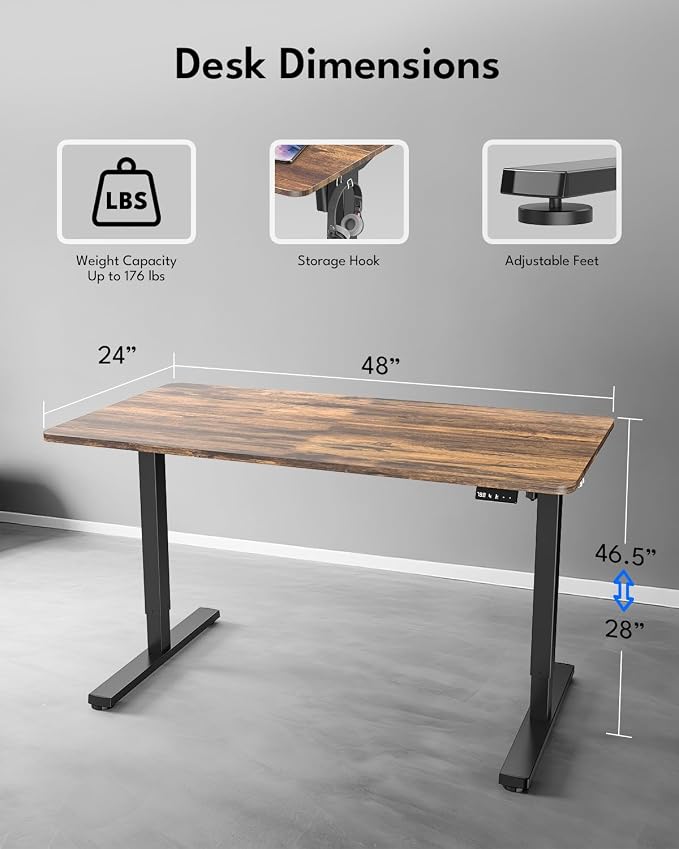 Electric Standing Desk, Gaming Desk, 48 x 24 Inch, Rustic Brown | Height Adjustable Computer Desk with Smart Controller, Sit and Stand Up Table for Home, Office, Work, Study, Writing