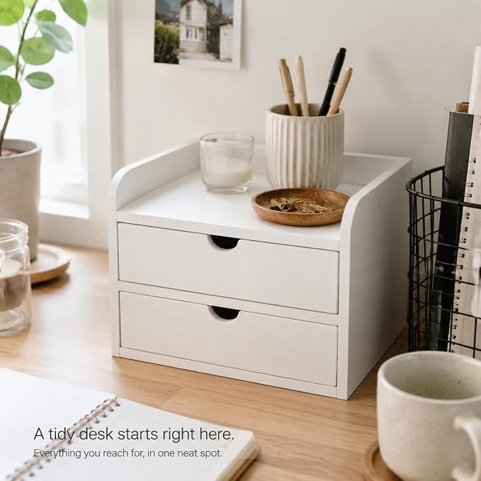 Desktop Organizer with 2 Drawers, Wooden Desk Shelf Storage Cabinet, Monitor Stand Riser for Office Supplies, Books & Accessories, Desktop Bookcase for Home Office, White