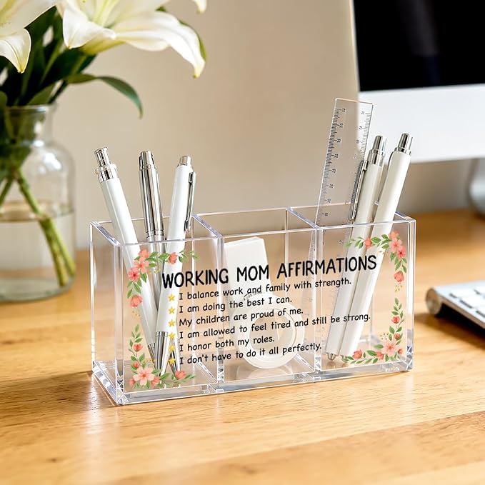 Working Mom Affirmations Acrylic Pen Makeup Brush Holder 3 Compartments, Working Mom Clear Desktop Organizer for Office School Home, Work Desk Accessories Gifts for Mother Coworkers Boss