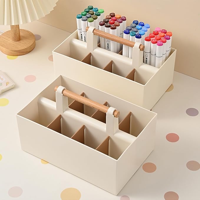 Buqoo Desk Organizer with 8 Compartments for Office Supplies | Plastic Makeup Organizer with Wooden Handle, Pen Holder for Desktop Storage, Desk Organization for Office Supplies (Coffee)