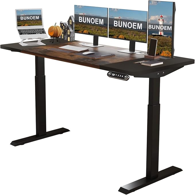 Height Adjustable Electric Standing Desk, 63x30 Height Stand Up Computer Desk,Sit and Stand Home Office Desk with Splice Board (Brown+Black Top, Black Frame)