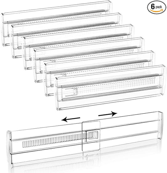6 Pack Adjustable Drawer Dividers(11.34-19.88") 3.15" Expandable Clear Drawer Dividers for Kitchen, Bedroom & Office Dresser Drawer Organizers for Clothes, Utensils and Baby Nursery Storage