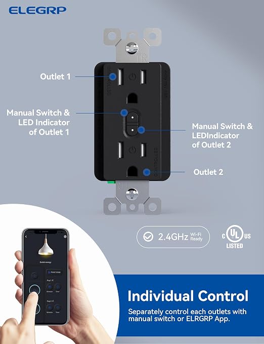 ELEGRP Smart in-Wall Outlet, 2.4GHz Wi-Fi Smart Receptacle Compatible with Alexa and Google Assistant, Tamper Resistant, 2 Individually Controlled Outlets, No Hub Required, UL Listed, Black, 1 Pack