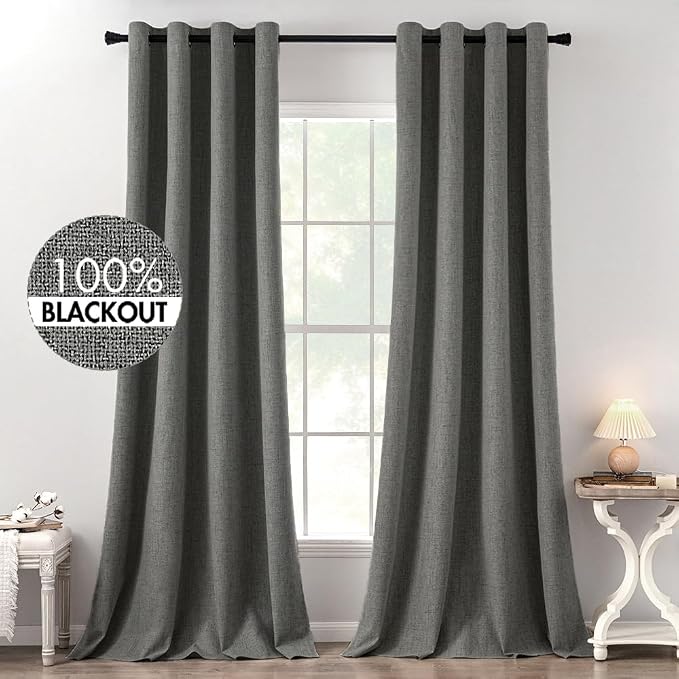 MIULEE Linen Texture Curtains for Bedroom Solid 100% Blackout Thermal Insulated Dark Grey Curtains Grommet Room Darkening Curtains/Draperies Luxury Decor for Living Room 52x120 Inch (2 Panels)