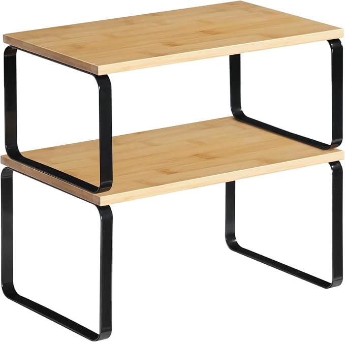 HOOBRO Cabinet Organizer Shelf, Set of 2 Kitchen Counter Shelves, Expandable Kitchen Storage, Stackable Bamboo Spice Rack, for Kitchen, Countertop, Office Desk, Bathroom, Natural and Black YB30TL01