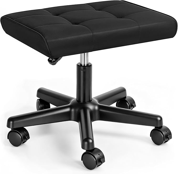 Footrest Under Desk Leg Rest Ottoman Adjustable Height Foot Stool with Wheels Leather Footrest
