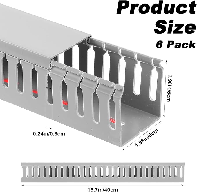 6 Pack 15.7 Inch Server Rack Cable Management Raceway PVC Cable Duct with Acrylic Adhesive Open Slot Wire Raceway Cables Management for Under Desk TV Computer Network Cords, Gray