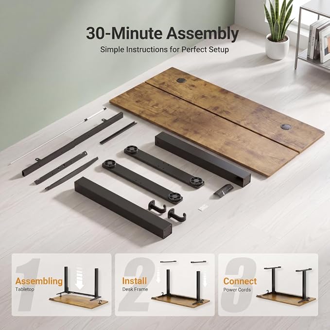 Claiks 32 x 19 Inch Rustic Brown Electric Standing Desk | Adjustable Height, Sit Stand, 3 Memory Presets, Cable Management, Space-Saving, Home Office & Bedroom
