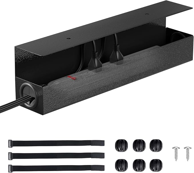 POCHAR Under Desk Cable Management Tray, 16.5" Extended Wire Organizer | Slim 3" Profile Steel Power Strip Holder, Screw-Mount Cord Hider for Wide Standing Desk Home Office