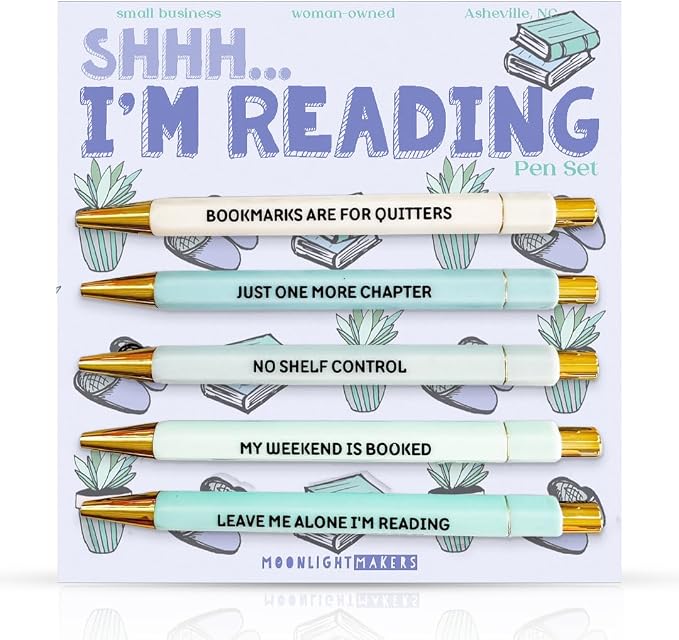 Moonlight Makers - Set of 5 Ballpoint Pens Black Ink - Engraved Funny Pens for Adults - Shh.. I'm Reading - Book Lover Appreciation Gifts - Ideal Desk Decor for Work + Office Desk - Cute Packaging