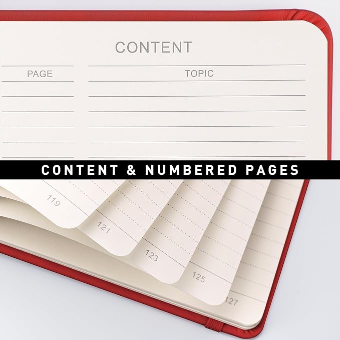 AHGXG Lined Journal Notebook, 160 Numbered Pages, A5 Medium Size (5.7'' x 8.3''), 120 GSM Thick Paper, for Men & Women, Journaling, Writing, Work & Office, Leather Hardcove (Red)