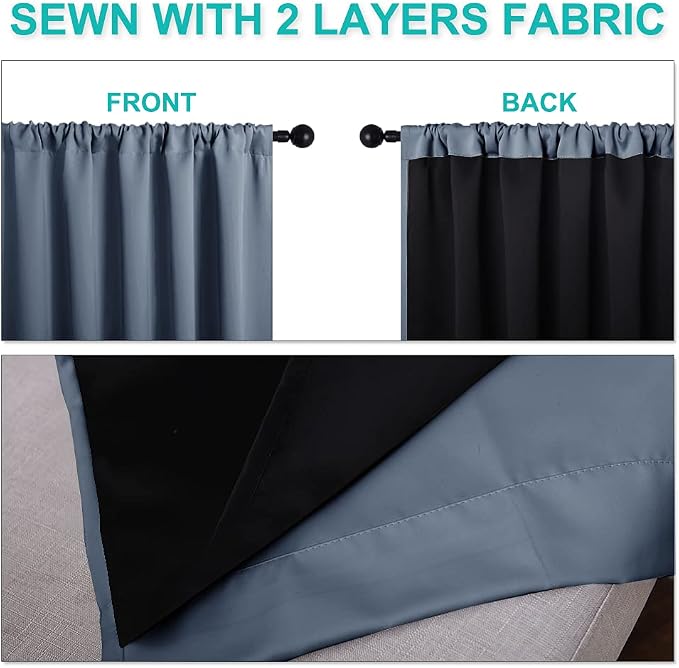 NICETOWN 100% Blackout Curtains, Thermal Insulated Black Liner Panels for Nursery Room, Noise Reducing and Cold Blocking Drapes for Windows (Set of 2, Stone Blue, 42 inches Wide by 63 inches Long)