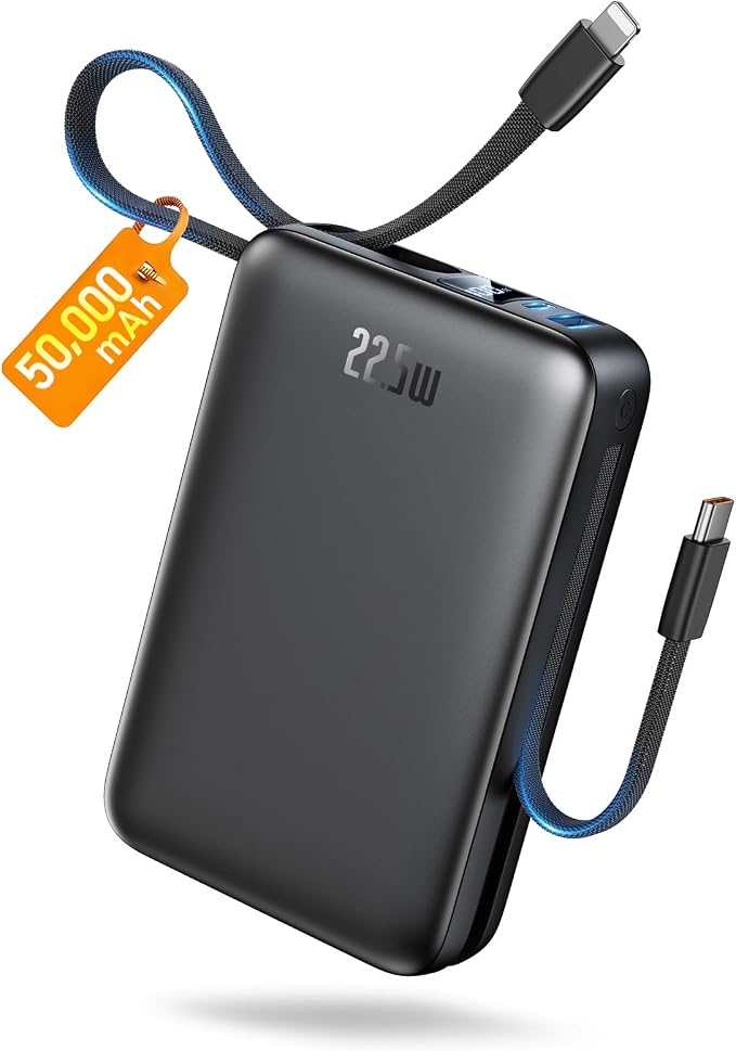 Portable Charger 50000mAh Power Bank,Portable Phone Charger with 2 Built in Cables,22.5W Fast Charging Travel Essentials Battery Pack for iPhone/iPad/MacBook/Android/Samsung Galaxy,Carbon Black