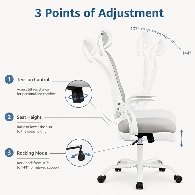 Grey Ergonomic Office Chair, High Back Mesh Desk Chair with Adjustable Headrest Lumbar Support, Computer Chairs with Flip-up Armrests and Thickened Cushion for Adults Home Office, 360° Swivel