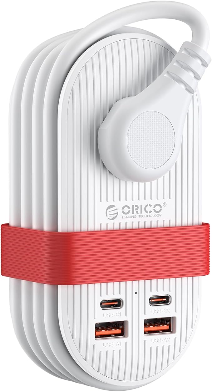 ORICO 22.5W Travel Power Strip, 7 in 1 Charging Station with 3AC, 2 USB-A, 2 USB-C, 4ft Thin Extension Cord, Flat Plug Fashion Essential for Travel/Home/Office/Library/Dorm - TK22
