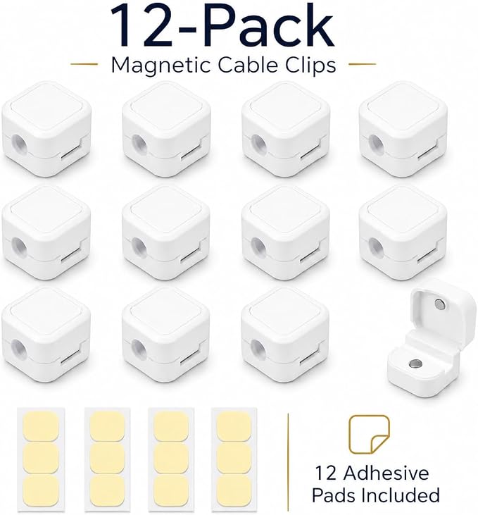 Magnetic Cable Clips, 12 Pack Self Adhesive Cord Organizer Holders for Desk, Nightstand, Office & Car, Cable Management for Charging Cords, USB Cables & Headphones Black or White (White)