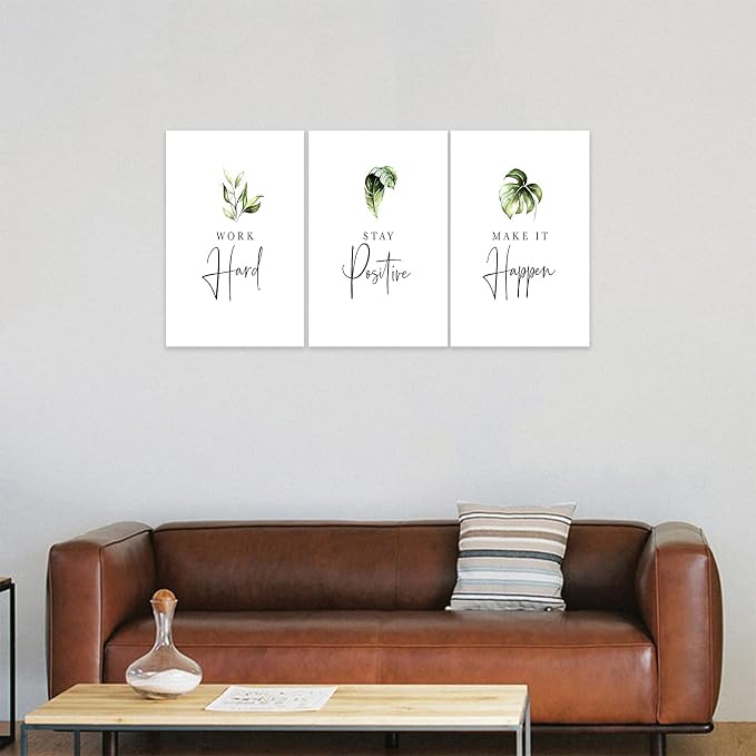 3 Piece Inspirational Wall Art, White Plants Sayings Picture, Quotes Work Stay Make it Canvas Prints for Office Decor, Triptych Entrepreneur Framed Artwork for Women Men Home Wall Decor (48" Wx24 H)
