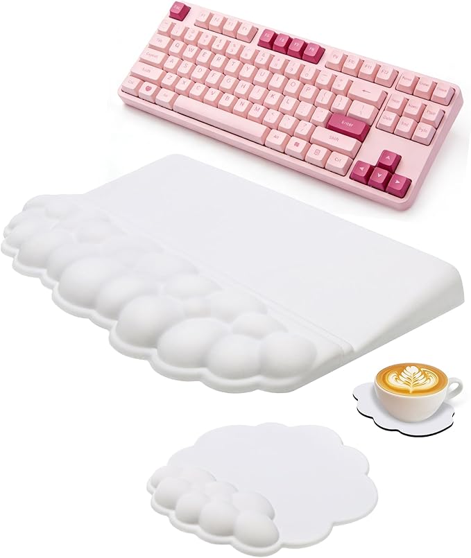 Cloud Wrist Rest Set for Keyboard and Mouse, Cute Memory Foam Wrist Support & 2-in-1 Adjustable Keyboard Stand, Silky Lycra Surface, Two Typing Angles, Non-Slip Base (White)