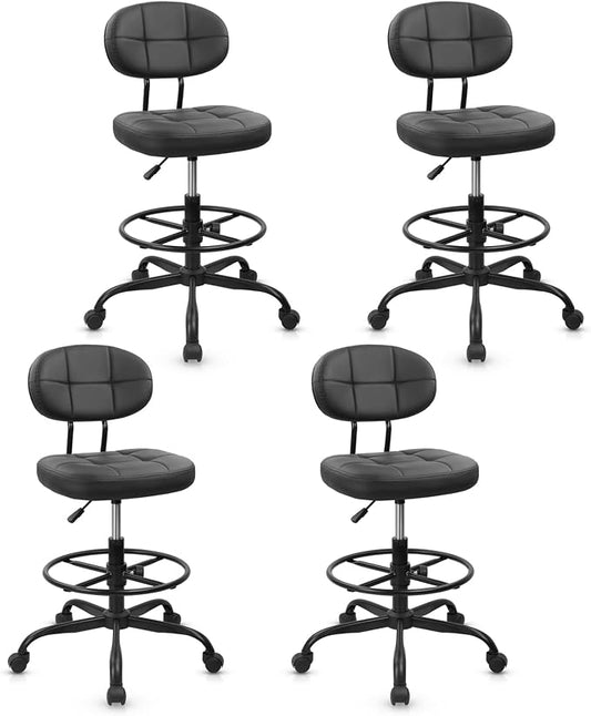 KLASIKA Drafting Stool with Backrest, Tall Adjustable Height Office Chair, PU Leather Swivel Rolling Stool with Footrest & Wheels for Standing Desk, Bar, Salon, Spa, Lab, Counter, Home, Black，4PK