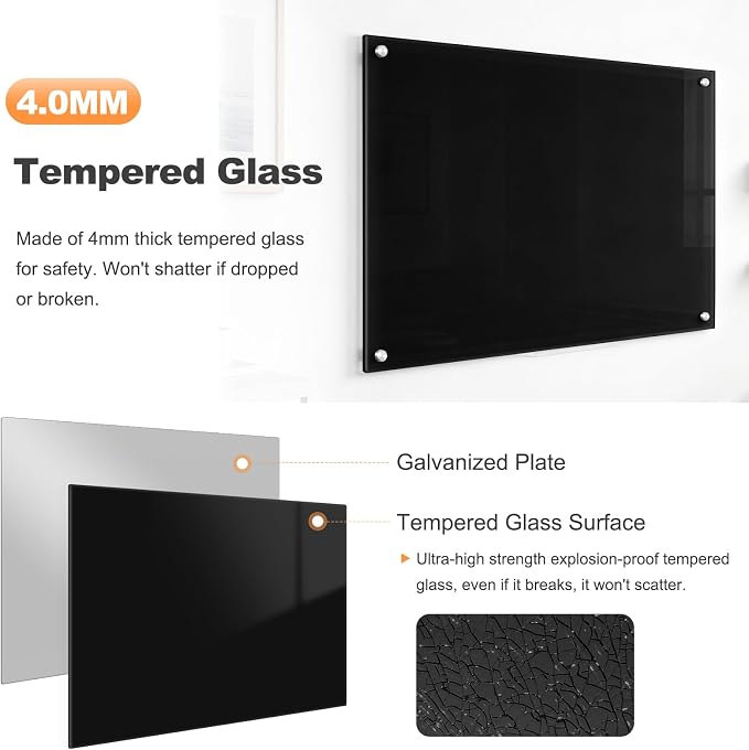 Magnetic Large Black Dry Erase Board, 48" x 36" | Black Glass Board Frameless Wall Mounted Glass Whiteboard for Office, School & Home with 1 Marker & 6 Strong Magnets