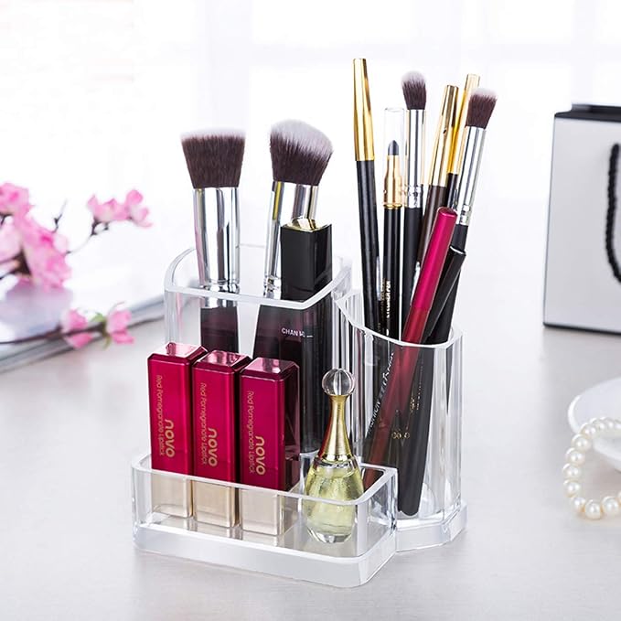 Sooyee Acrylic Desk Supplies Organizer Holder, 3 Compartments Office Desktop Caddy, Multi-function Pen Pencil Cup Phone Remote Control Stationery Storage Box for Home, School, Classroom, Clear